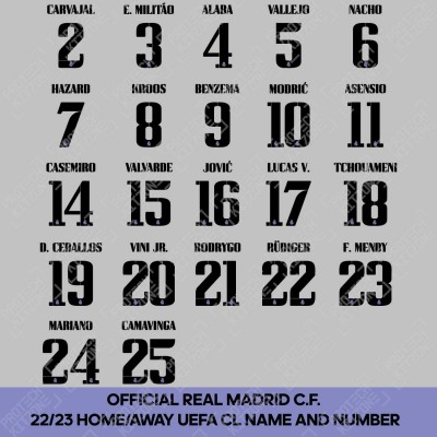 Official Real Madrid FC 2022/23 Home / Away UEFA CL Competition Name and Numbering