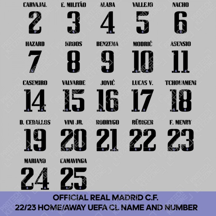 Official Real Madrid FC 2022/23 Home / Away UEFA CL Competition Name and Numbering