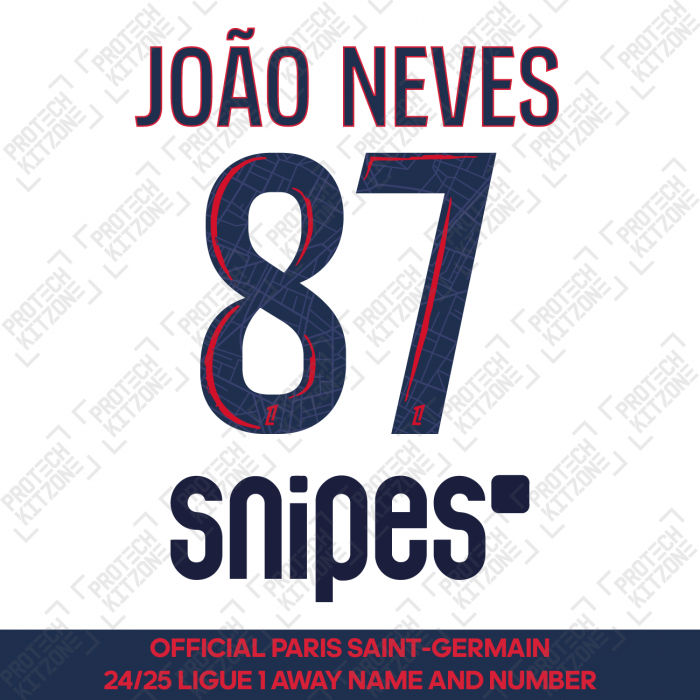 João Neves 87 - Official Paris Saint-Germain 2024/25 Away Name and Number (Ligue 1 Version) 