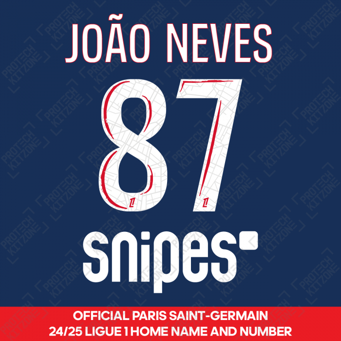 João Neves 87 - Official Paris Saint-Germain 2024/25 Home Name and Number (Ligue 1 Version) 