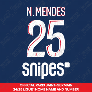 N.Mendes 25 - Official Paris Saint-Germain 2024/25 Home Name and Number (Ligue 1 Version) 