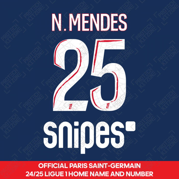 N.Mendes 25 - Official Paris Saint-Germain 2024/25 Home Name and Number (Ligue 1 Version) 