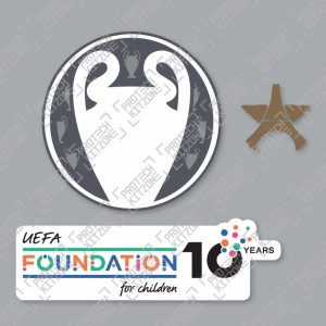 Official Sporting iD UEFA UCL Titleholder + UEFA Foundation 10yr Anniversary + PSG Gold Star Badge Set