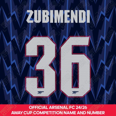 Zubimendi 36 - Official Arsenal 2025/26 Away Club Name and Numbering