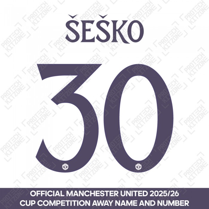 Šeško 30 (Official Manchester United FC 2025/26 Away Club Name and Numbering) 