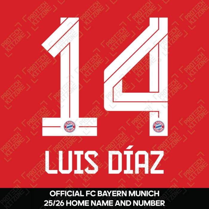 Luis Díaz 14 - Official Bayern Munich 2025/26 Home Name and Numbering