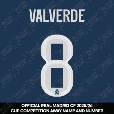 Valverde 8 (Official Real Madrid CF 2025/26 Away Cup Competition Name and Numbering)