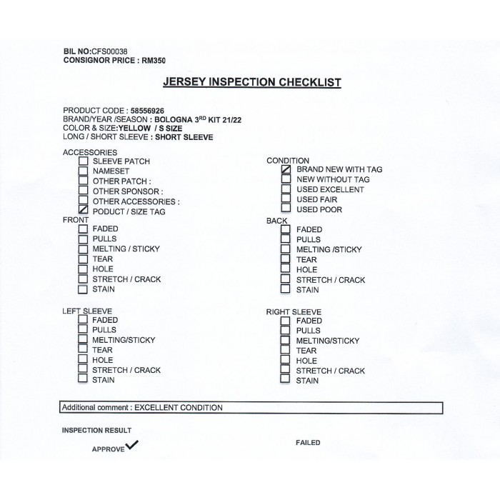 [PRE-OWNED / BNWT] BOLOGNA 3RD KIT 21/22 - S SIZE